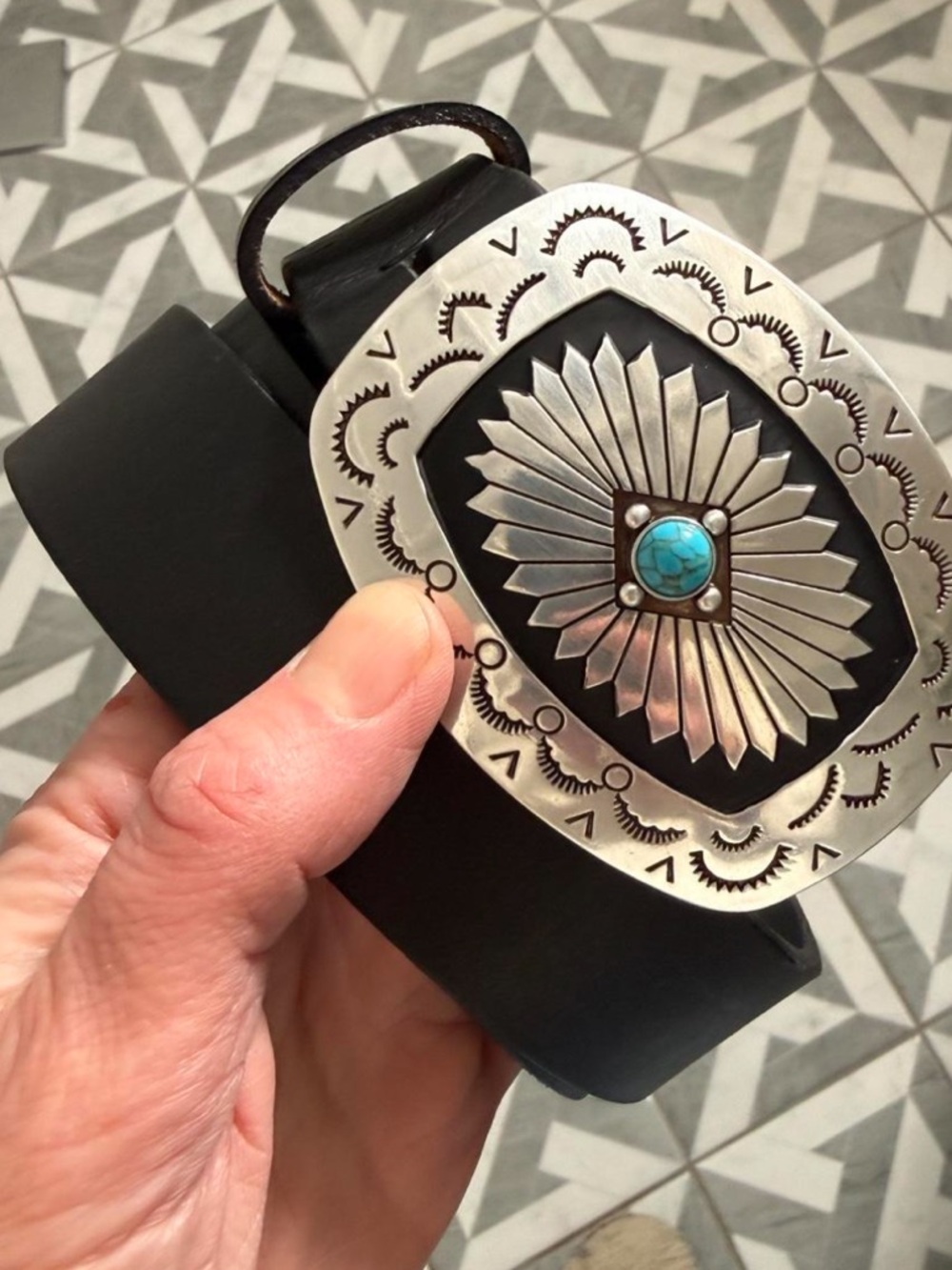 Tony Lama. Medium (35-39”) black belt with silver & turquoise buckle.NWOT